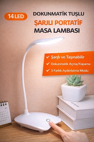 Ecuy Dokunmatik 14 Led Şarjlı Portatif Masa Lambası Usb Akrobatik Beyaz Işık 3 Mod Led Işık Beyaz
