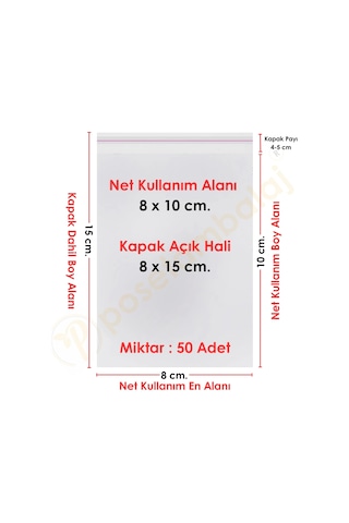 8x10+5 Cm. 8x15 50 Adet Şeffaf Bantlı Yapışkanlı Jelatin Poşet