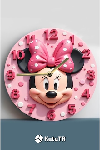 Minnie Mouse Temalı Pembe Mdf Duvar Saati 3d Görünümlü, Sessiz Mekanizmalı, 2d Hd Baskı Sdw235 Renkli