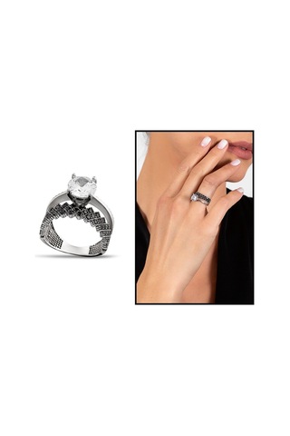 Siyah Zirkon Taşlı Taç Tasarım 925 Ayar Gümüş Kadın Tektaş Yüzük (475776940)