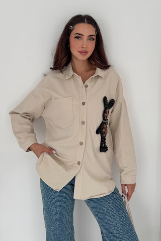 Leopar Ayıcık Armalı Gabardin Kumaş Gömlek Krem Krem