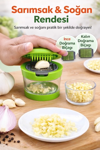 Çıkarılabilir Hazneli Kapaklı Pratik Sarımsak Ve Soğan Doğrayıcı 2 Bıçak Seçenekli Profesyonel Sarı