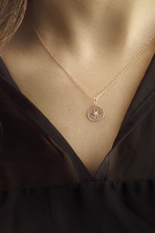 Bybarun Çiçek Motifli Yuvarlak Tektaş Kolye Rose Gold