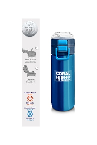Coral High Kids Lacivert Mavi Çizgili Pipetli Ve Direkt İçim Çelik Termos 500 Ml 31997 Lacivert - Mavi
