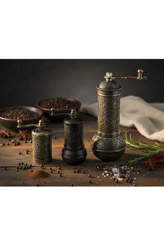 Zamak Metal Kalay Renk 3 Lü Set Karabiber,kahve,çörek Otu El Değirmeni Öğütücü Grinder Koyu Gri