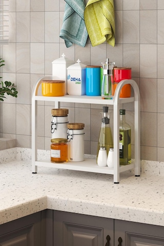 Banyo-mutfak Toparlayıcı Düzenleyici Organizer 2 Katlı Geniş Metal Beyaz Bambu Tezgah Üstü Raf Beyaz