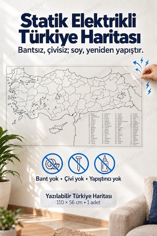 Manyetik Yazılabilir Türkiye Haritası Statik Elektrikli 110x56 Cm 110 x 56 CM