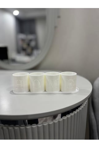 Home Yazılı 4'lü Led Tealight Mumluk Seti Beyaz Standlı Dekoratif Ev Aksesuarı