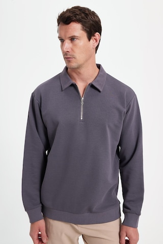 Tudors Erkek Relax Fit Rahat Kesim Pamuklu 3 İplik Fermuarlı Polo Yaka Koyu Gri Sweatshirt-41817 Koyu Gri