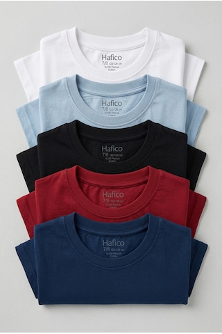 Hafico Erkek Çocuk 5'li Premium %100 Pamuk Basic Tişört Seti 7-12 Yaş Siyah - Kırık Beyaz -bordo - Buz Mavi - İndigo