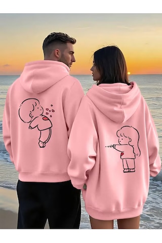 Nevermind Sevgili Çift Kombin Hoodie 2 Li Set Unisex Oversize Kapüşonlu Hoo Pembe
