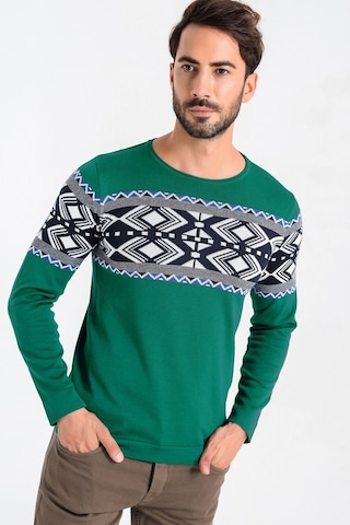 Heyss Bisiklet Yaka Desenli Yeşil Erkek Triko Kazak Yeşil