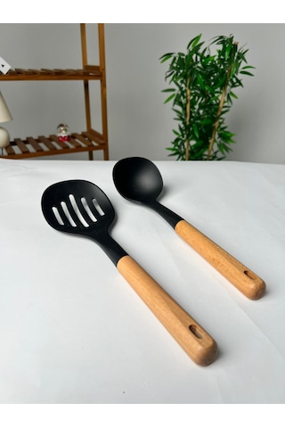Favora 2li Ahşap Saplı Kepçe Ve Spatula Seti - Siyah