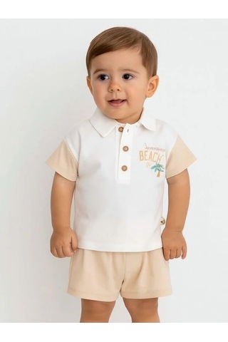 Zekids Erkek Bebek Organik Pamuklu Yakalı T-shirt Şortlu Takım-15911 renkli