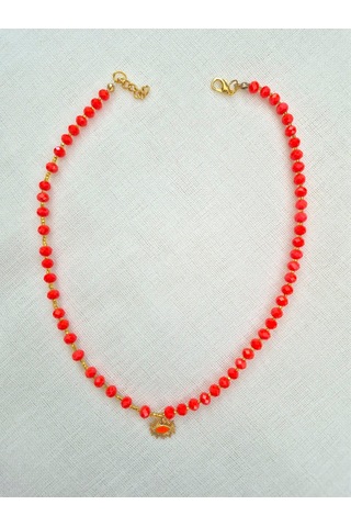 Koyu Turuncu Kristal Cam Boncuklu Bayan Kolye