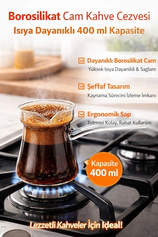 Cam Cezve 400 Ml Isıya Dayanıklı Borosilikat Şeffaf Kahve Cezvesi Ocak Üstü Kullanım