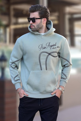 Madmext Çağla Yeşil Baskılı Kapşonlu Cep Detaylı Erkek Sweatshirt 7067 Yeşil