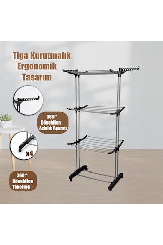 Doğrular Perilla Tiga Fits 3 Katlı Tekerlekli Çamaşır Kurutmalık Siyah