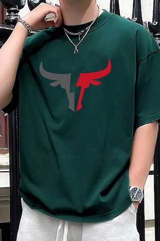 Erkek Boğa Silüet Baskılı Oversize Tshirt Yeşil