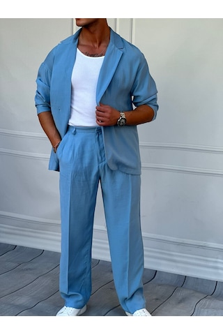 Modefendi Marino Tam Yazlık Extra Oversize %100 Keten Takım Bebe Mavi