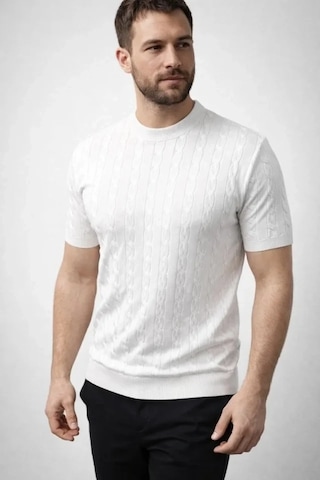 Vexor Erkek Yazlık Triko Dokuma Tişört Kısa Kol Bisiklet Yaka Örgü Desenli T-shirt - Beyaz