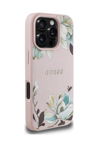 Apple Uyumlu iPhone 16 Pro Max Kılıf Guess Lisanslı Magsafe Özellikli Çiçek Tasarımlı Yazı Logolu Kapak Pembe