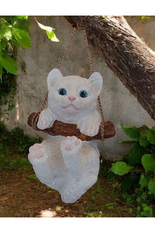 1 Adet Dekoratif Sallanan Duvar Ve Bahçe Süsü Kedi Beyaz