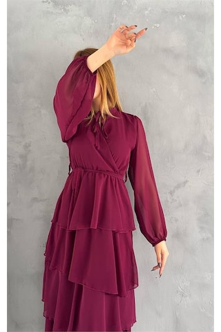 Neşeli Butik Kadın Astarlı Eteği Kat Kat Şifon Elbise Nbkklf2041 Bordo