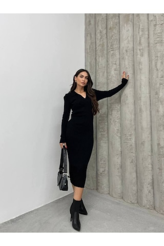 Msm Fashion Kadın Elbise Uzun Triko Kışlık Polo Yaka Likralı Kalem Elbise Siyah