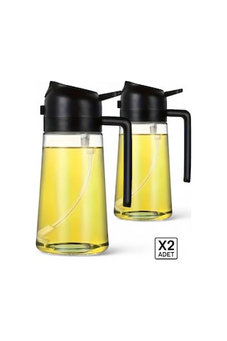 2li Çift Fonksiyonlu Cam Yağdanlık 550ml Zeytinyağı Sıvıyağ Şişesi Airfryer Sprey Yağlık Püskürtücü