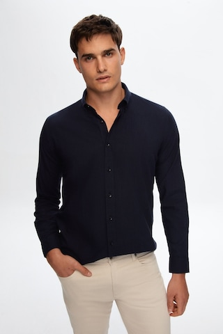 D'S Damat Ds Damat Slim Fit Lacivert Düğmeli Yaka %100 Pamuk Yazlık Flamlı Keten Görünümlü Gömlek 6HC02ORT63265 Lacivert