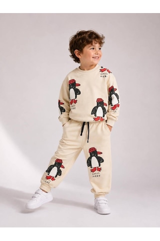 Eray Alp Kids Unisex Çocuk Ekru Penguen Desenli Eşofman Takımı Günlük Rahat Kombin Bej