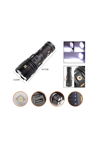 Pro F-3001 Alüminyum Tg Led Güç Göstergeli Type-c Şarjlı El Feneri 100 W Açık Gri