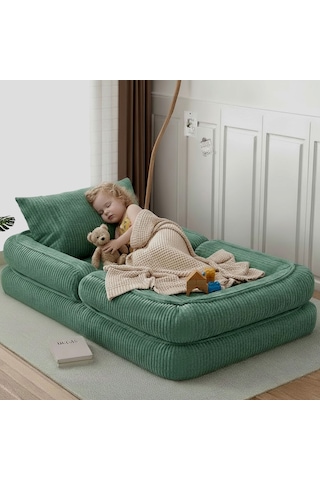 Trend Fitilli Kadife Modüler Çocuk Oyun Minderi ve Yatağı Tamamen Sünger 90 x 150 CM Yeşil