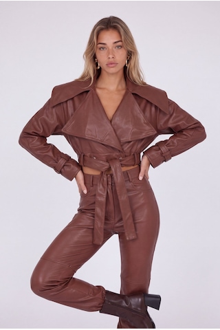 Holly Lolly Crop Model Astarlı Kemerli Neeko Deri Ceket Kahverengi Kahve