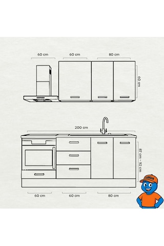 200 Cm Mutfak Dolabı Mdf Kapak Tezgah Dahil Yrkn200 99 Siyah