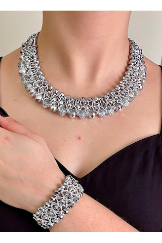 Gümüş Kristal Taşlı Türk El Yapımı Gerdanlık Kolye Ve Bilezik Set Gümüş