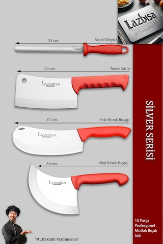 Lazbisa MFP-001 Silver Pro Serisi Mutfak Bıçak Seti 10 Parça Et Ekmek Sebze Soğan Börek Bıçağı Satırı Kırmızı