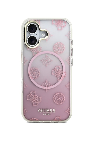 Apple Uyumlu iPhone 17 Kılıf Guess Lisanslı M-safe Şarj Özellikli Simli Peony Desenli Silikon Kapak Pembe Pembe