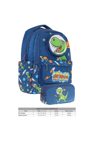 Kaukko Kids Toys Erkek Çocuk Lacivert 3d Dinazor Şekilli İlkokul Çantası Ve Kalemlik Seti L5252+l8252 Lacivert