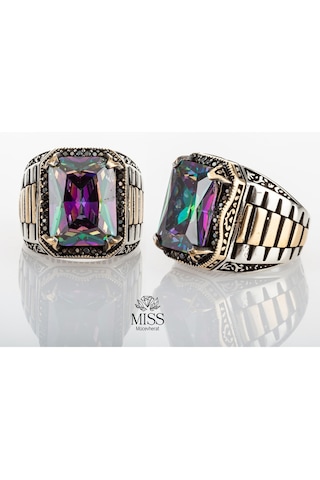 Gümüş Mistik Topaz Taşlı Saat Kordon Model Erkek Yüzük