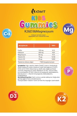 Atavit Kids D3 K2 Magnezyum 60 Gummies 2 Adet