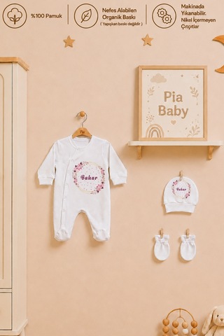 Pia Baby Kız Bebek Yeni Doğan Tulum Seti 4 Lü %100 Pamuk İsimli Organik Baskılı Battaniyeli 2023btyx Ekru