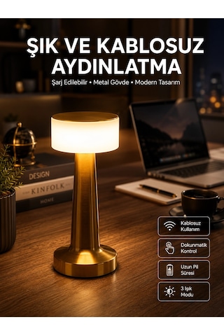 Altın Rengi Masa Ve Gece Lambası Dokunmatik Şarjlı Masa Lambası Antrasit Melanj