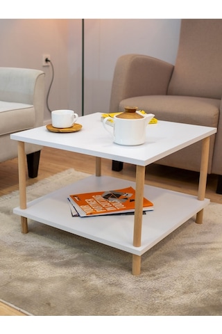 Kare Orta Sehpa Ahşap Ayaklı Sehpa Iki Raflı Sehpa Dekoratif Sehpa Gazetelikli - Beyaz - 60cm X 60cm