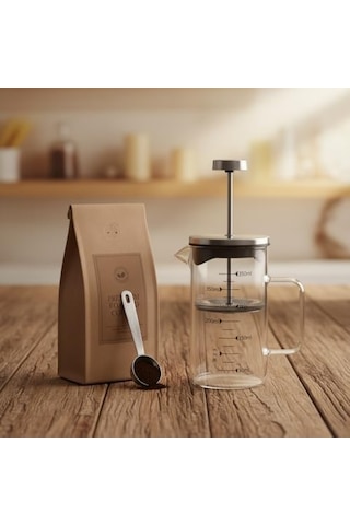 Borosilikat Cam French Press 350ml - Paslanmaz Çelik Filtreli Ölçekli Kahve Ve Bitki Çayı Demliği - Isıya Dayanıklı Kişisel Kupa - Metal Kapaklı Açık Bej