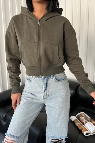 Femelle Kadın Haki Kapüşonlu Fermuarlı Crop Hırka