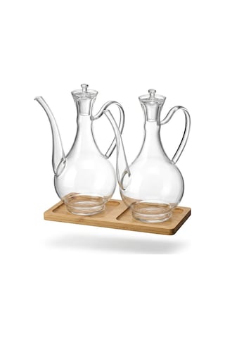 2'li Cam Yağdanlık Seti 750+750 Ml Bambu Stant Glory Borosilikat Sirkelik El Üretimi Yağ, Sirke Ve Sos Şişesi Düz-cam Şeffaf