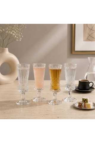 4&apos Lü Kesim Ayaklı Cam Kadeh Seti - 120 Ml Türk Kahvesi Yanı Su, Şerbet Ve Likör Bardağı, Lüks Sunum Kadehi 124-Pembe