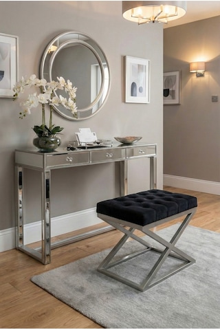 Nexus Babyface Kapitoneli Puf - Krom Metal X Ayaklı Modern Bench 50x40 Cm Siyah